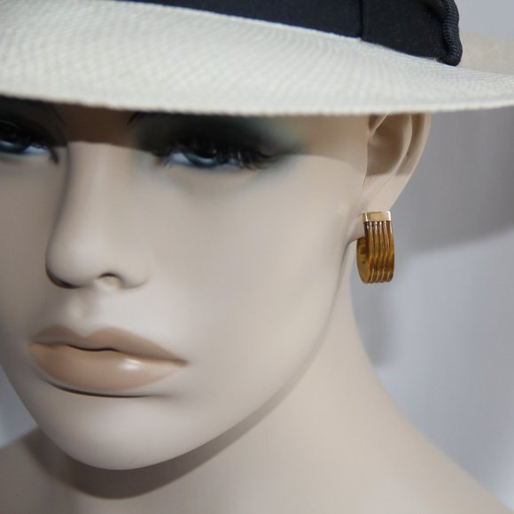 Vintage 14k Gold Tigers Eye J-Hook Earrings - Picture 1 of 12